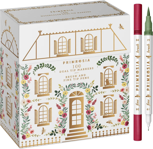 Primrosia 100 Dual Tip Marker Pens, Fineliner and Watercolor Brush Pens for Art Sketching Illustration Calligraphy or Journals Drawing Coloring