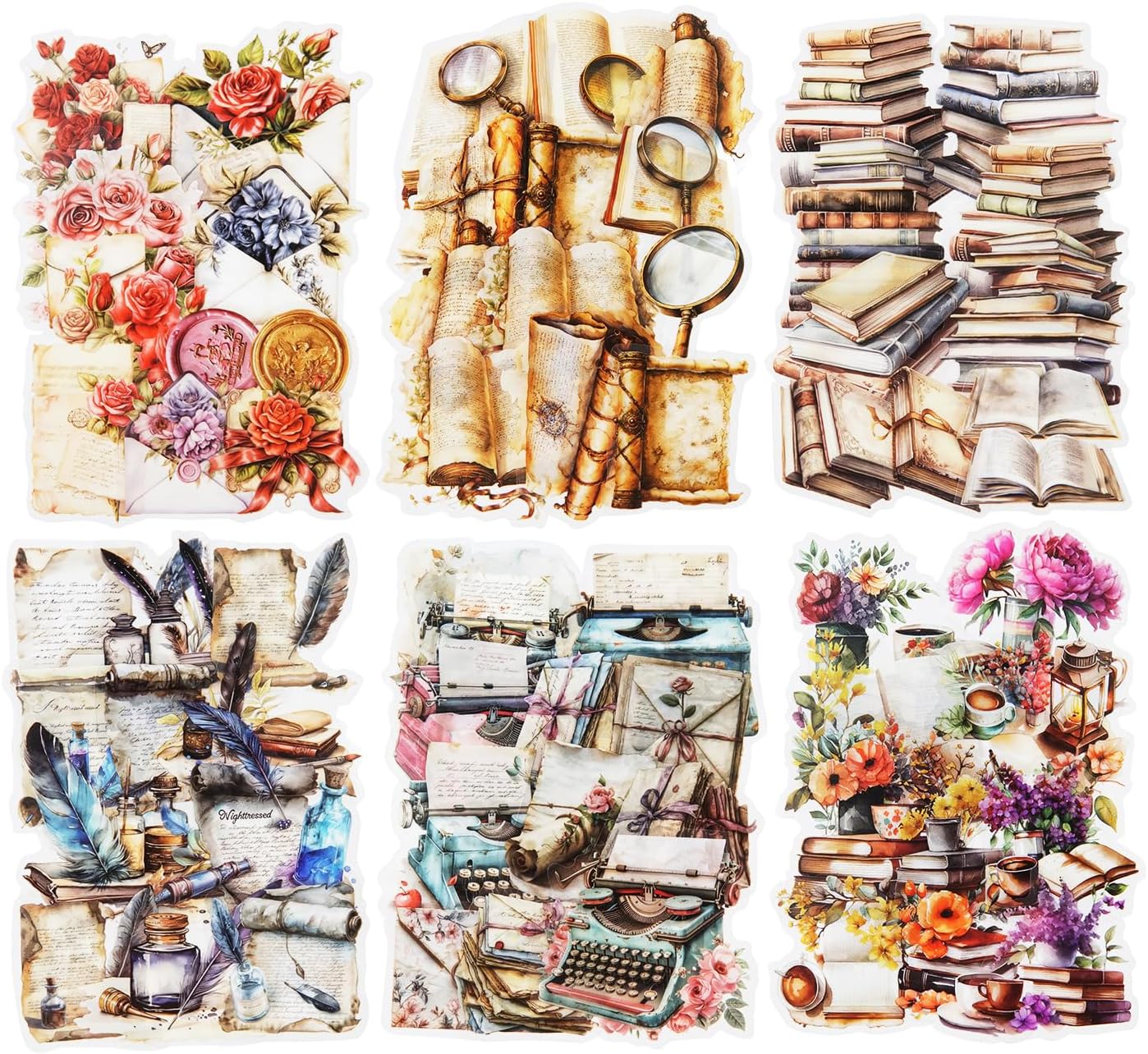 Vintage Book PET Sticker Set, 120PCS Retro Ephemera for Scrapbooking, Journaling, Crafting, DIY Projects, and Art Supplies
