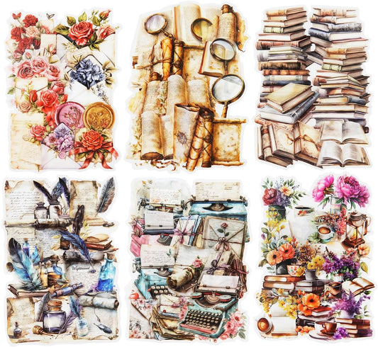 Vintage Book PET Sticker Set, 120PCS Retro Ephemera for Scrapbooking, Journaling, Crafting, DIY Projects, and Art Supplies