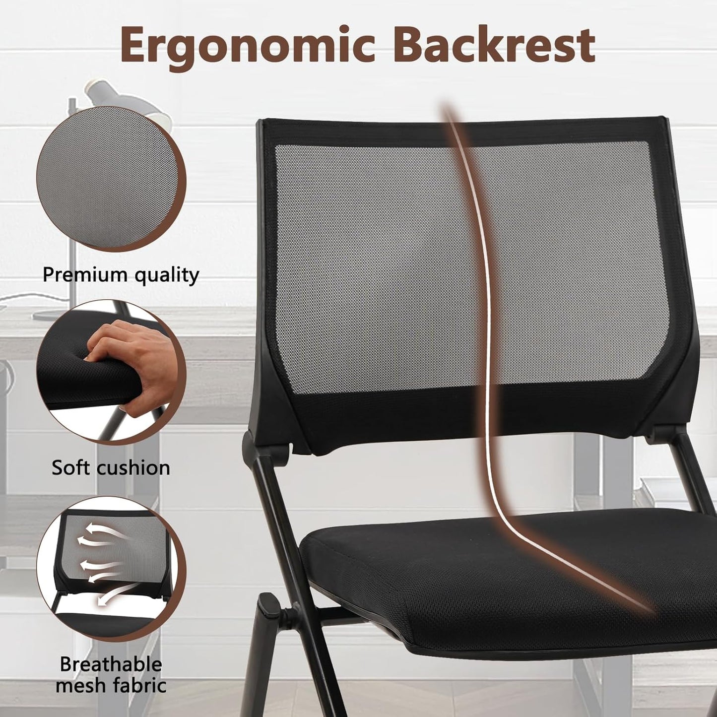 CLATINA Stackable & Foldable Conference Room Chairs, Waiting Room Chairs with Wheels & Lumbar Support, Ergonomic Mesh Bouncing Back Folding Chair for Office Meeting Schools Training Room, Black(4pk)