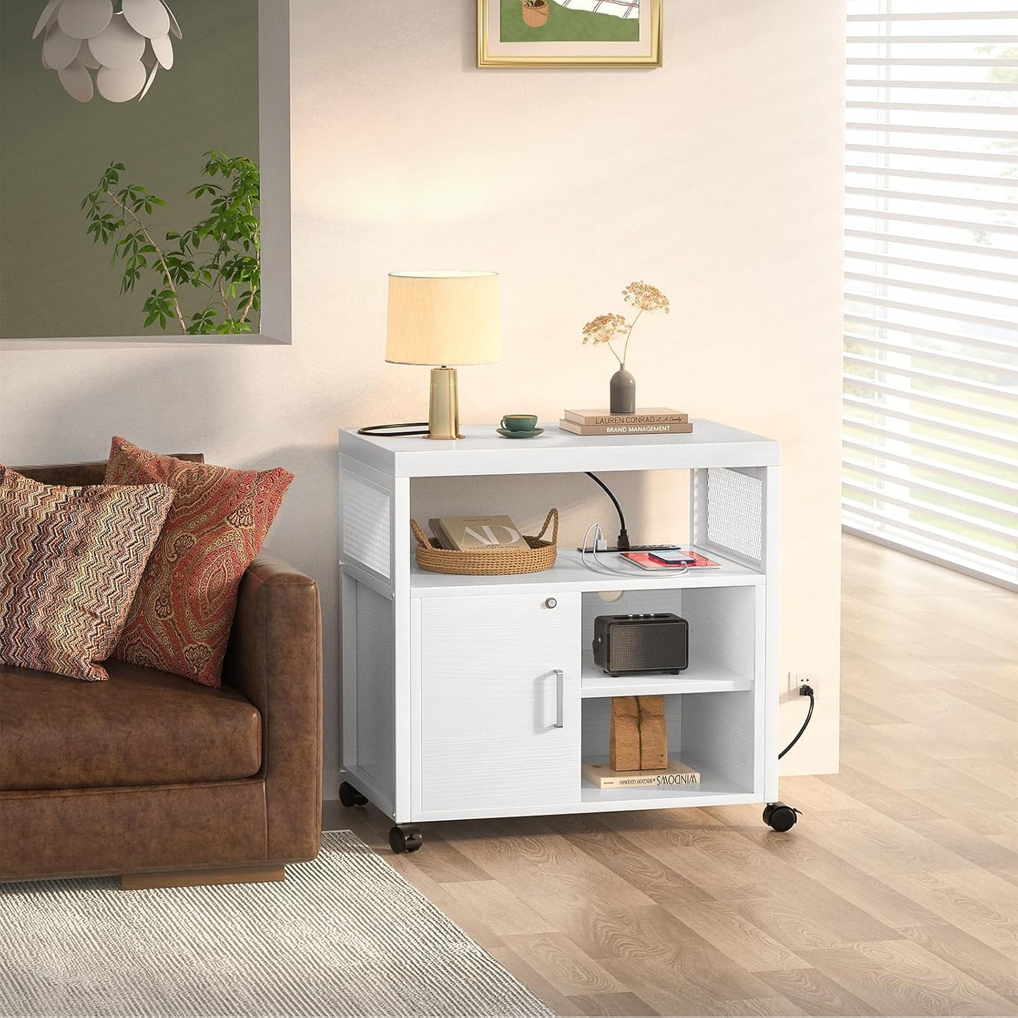 Unikito Rolling File Cabinet Lateral Office Filing Cabinets with Socket and USB Charging Port, Modern Printer Stand on Wheels, Printer Cabinet with Door and Open Storage, Lockable, White