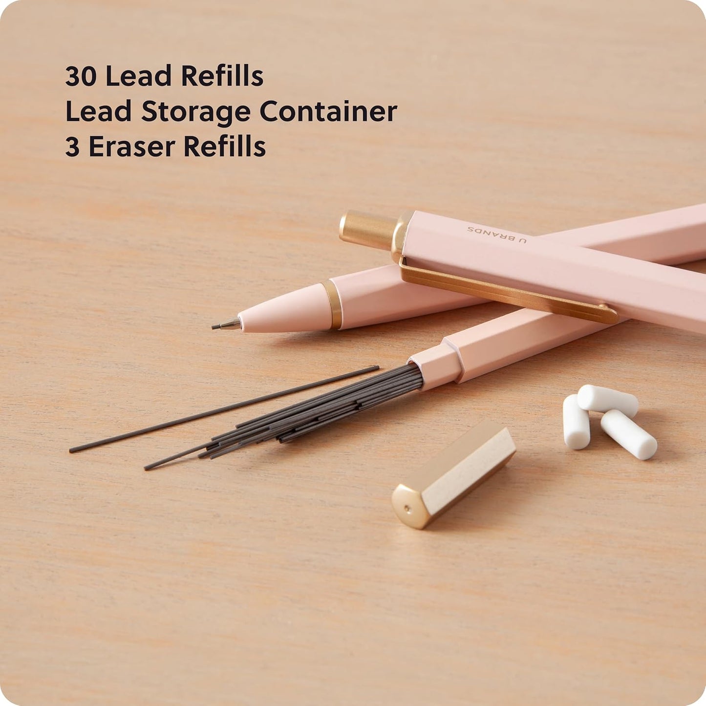 U Brands Cambria Mechanical Pencils, Set of 2, Blush Pink, Soft Touch, Medium (0.7 mm) Point, Lead and Eraser Refills