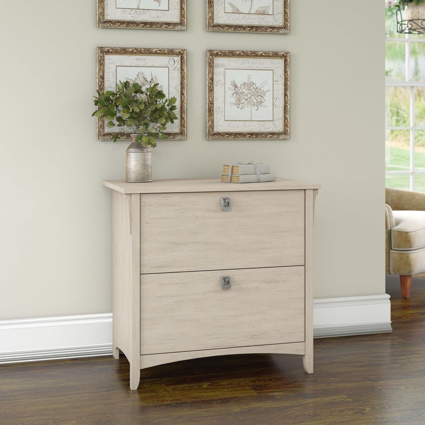 Bush Furniture Salinas 2 Drawer Lateral File Cabinet in Antique White, Home Office Storage Solution, Organizer with Drawers for Workspace, Filing Unit
