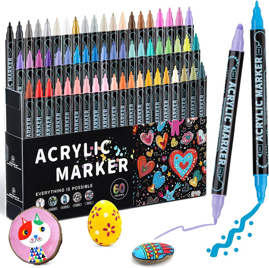 60 Colors Dual Tip Acrylic Paint Pens Markers, Double Tip Premium Acrylic Markers for Wood, Rock Painting, Glass, Canvas, Stone, DIY Crafts Making Art Supplies