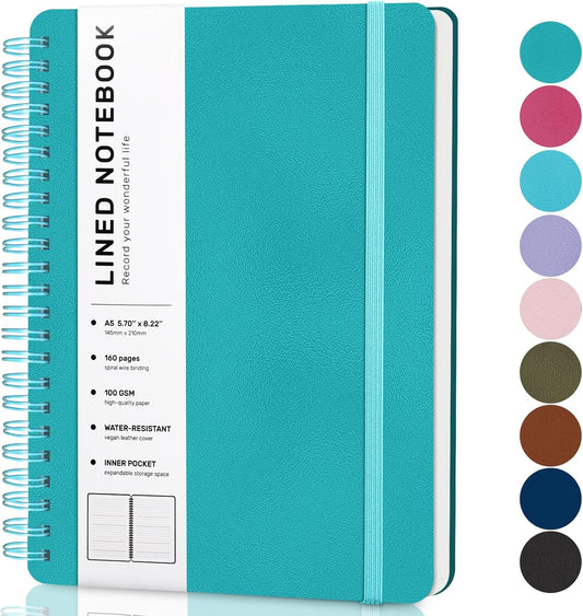 Lined Spiral Journal Notebook, A5 Hardcover Leather Notebook for Work, 5.7''×8.2'', 100GSM Thick Paper Spiral Bound Journaling Notebooks for Women & Men Office School Note Taking Business, Lake Blue