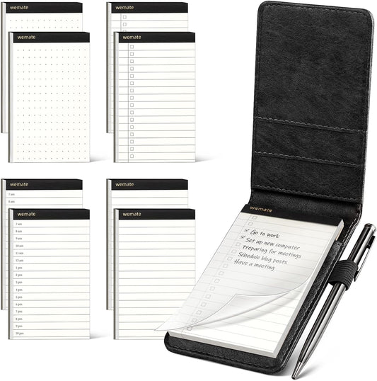 WEMATE 10 Pieces Small Notepad Holder Set Pocket Notebook - Included Mini Pocket Notepad Holder Set with 8 Memo Book Refills and Metal Pen for Meetings, Daily Records, and Notes 3 x 5 Inch (Black)