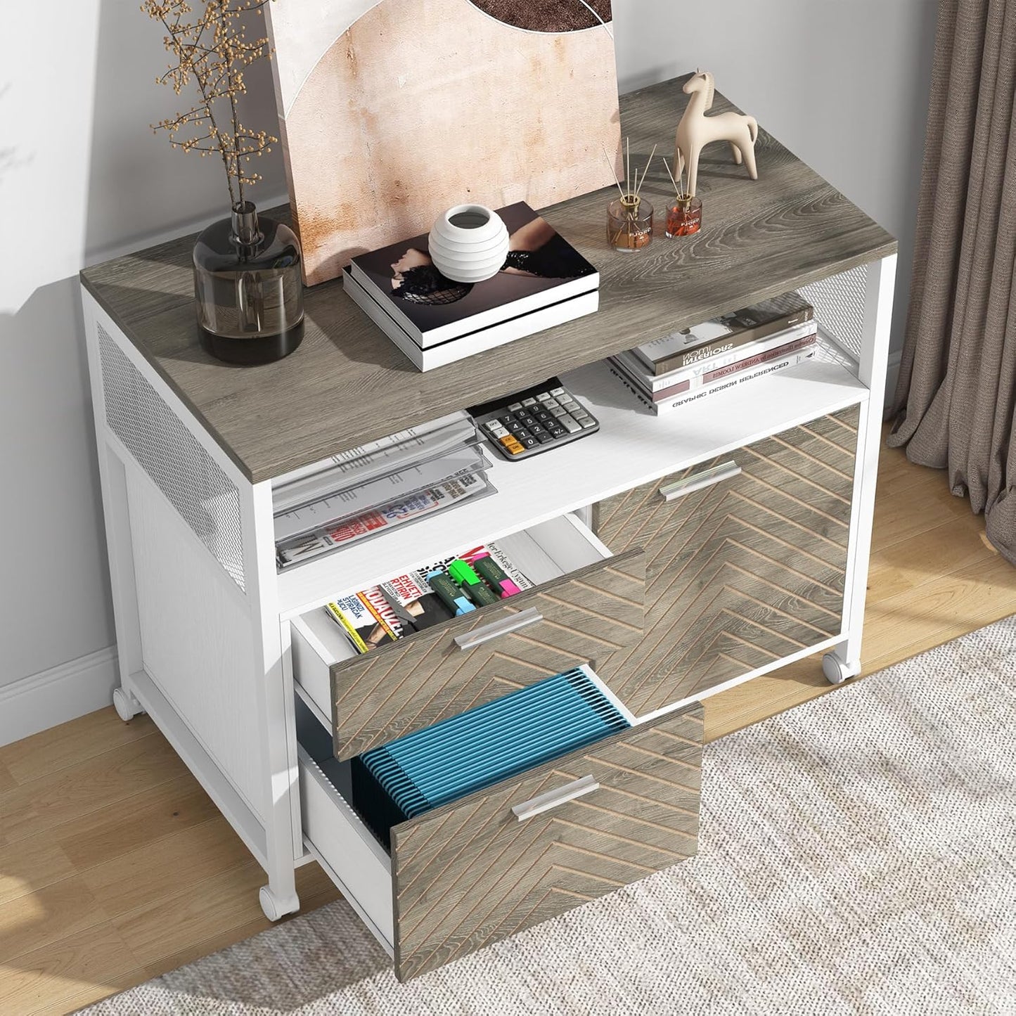 Tribesigns Modern File Cabinet with Drawers for Letter-Sized File and Door, Lockable lateral Filing Cabinet Printer Stand with Storage Shelves and with Rolling Caster for Home Office (Oak)
