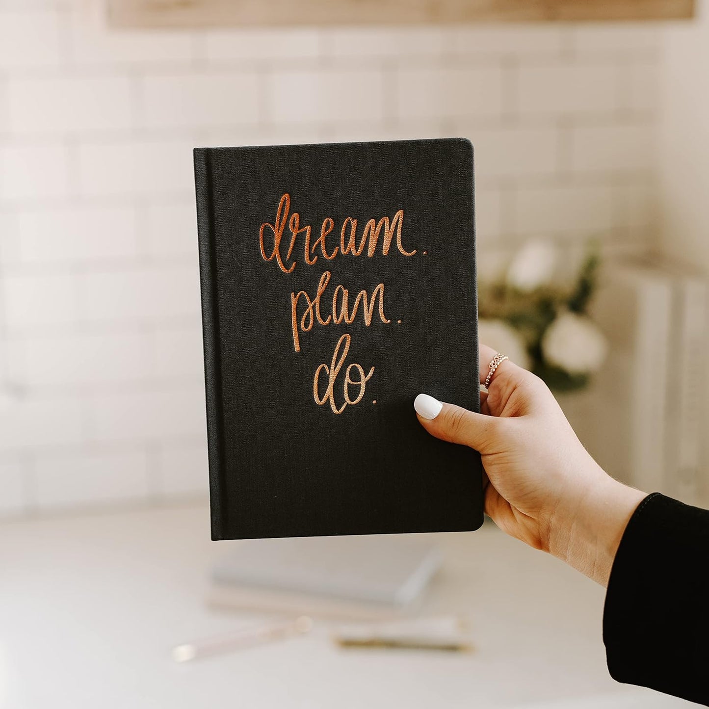 Sweet Water Decor Dream Plan Do Motivational Journal - Grey Fabric Journal with Rose Gold Details and Ribbon Bookmark - Motivational Notebook Inspirational Lined Journal for Work and School