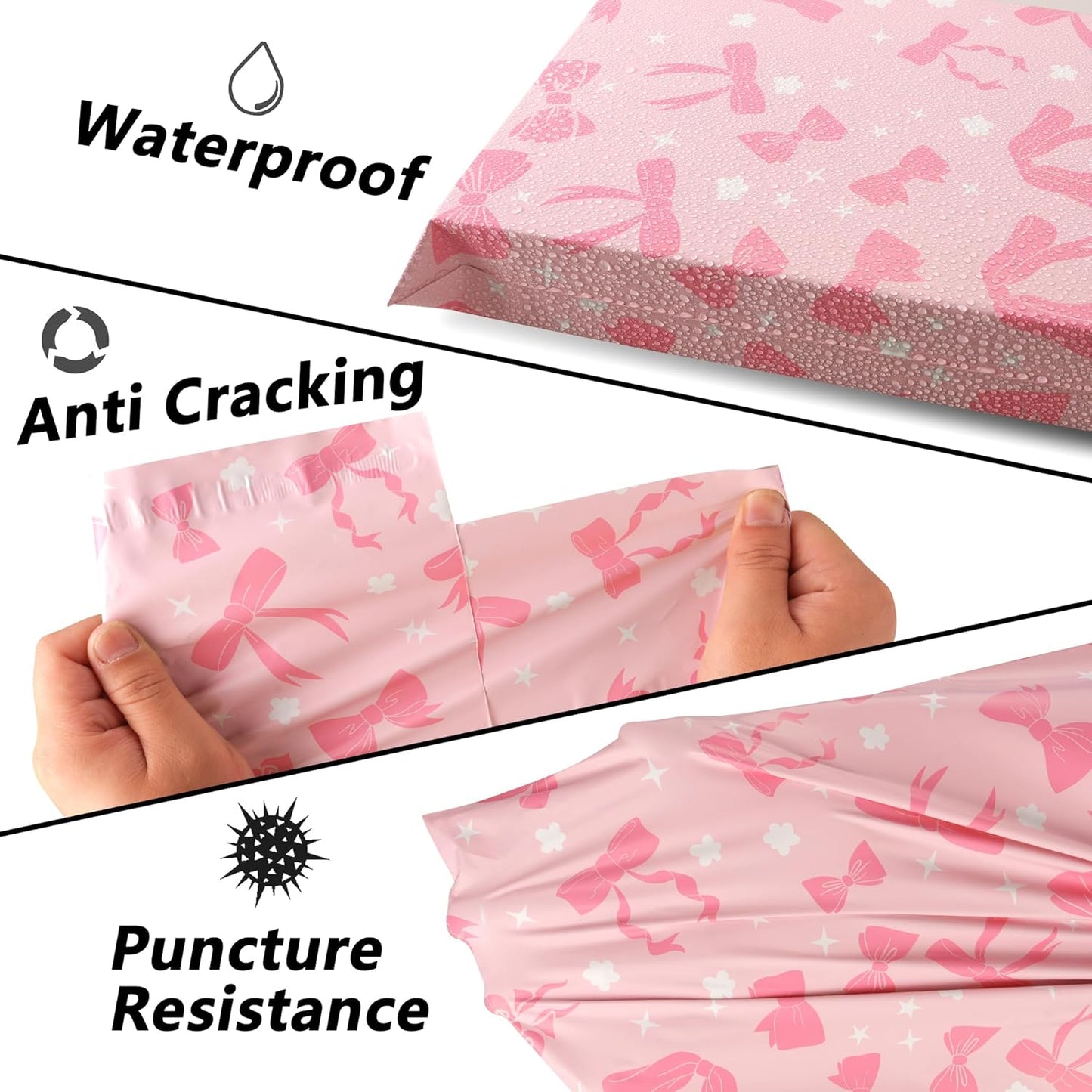 Poly Mailers 12x15.5 Inch 50 Pcs - Pink Bow printed Shipping Bags, 2.4mil Thickness, Waterproof and Tear Resistant Mailing Envelopes, Self-Sealing Packaging Bags for Small Business