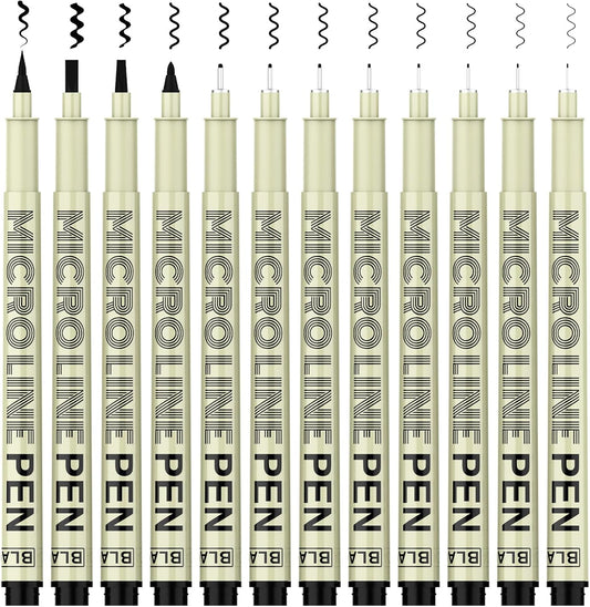 KERIFI Micro-Pen Fineliner Ink Pens, 12 Pack Black Micro Fine Point Drawing Pens Waterproof Archival Ink Multiliner Pens for Artist Illustration, Sketching, Technical Drawing, Zentangle, Scrapbooking
