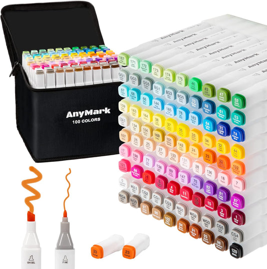 AnyMark Alcohol Markers, 100 Colors Dual Tip Art Coloring Markers Set for Kids Adult Book Drawing Sketching Painting, Chisel & Fine, White Penholder