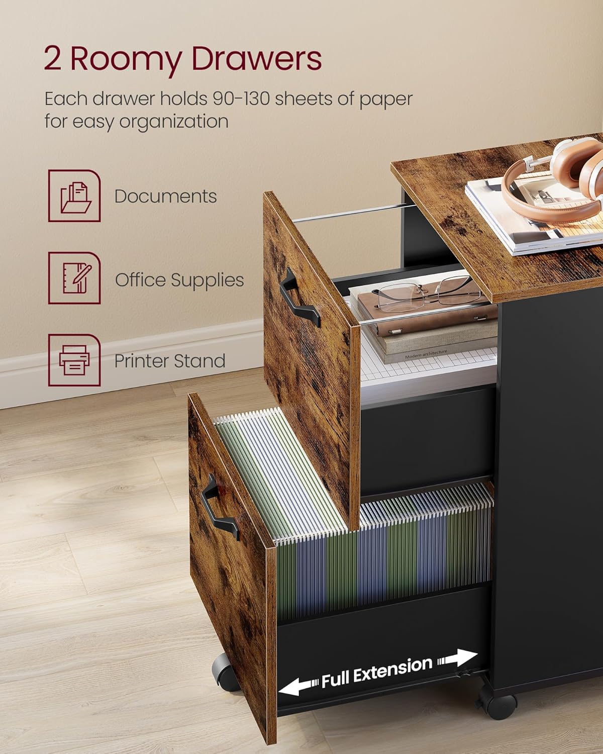 VASAGLE 2-Drawer File Cabinet, Small Rolling Filing Cabinet for Home Office, Printer Stand, for A4, Letter-Size Documents, 15.7 x 16.5 x 27.6 Inches, Rustic Brown and Ink Black UOFC040B01