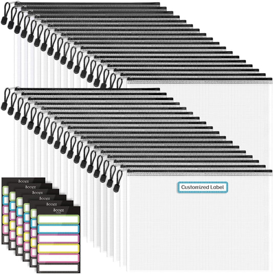 Sooez 36 Pack Mesh Zipper Pouch with Sticky Labels, A4 Mesh Bags Board Game Puzzles Organization Storage, Durable Letter Size File Folders Organizer Teacher School Classroom Office Supplies, Black