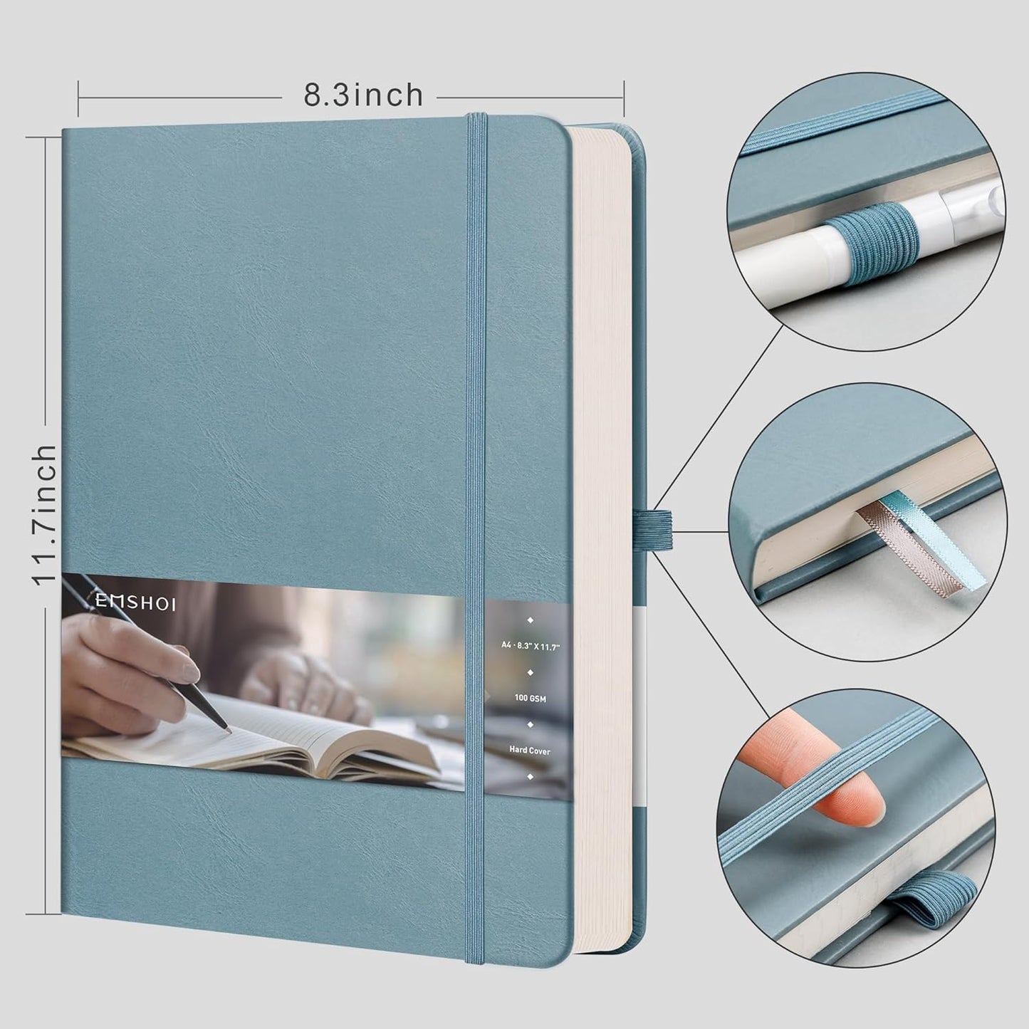 EMSHOI A4 Dotted Journal - 8.5"x11" Hardcover Leather Dotted Notebook, 192 Pages 100 GSM Dot Grid Notebook for Work, Bullet Journaling, Writing, Gift for Women & Men (GrayBlue)