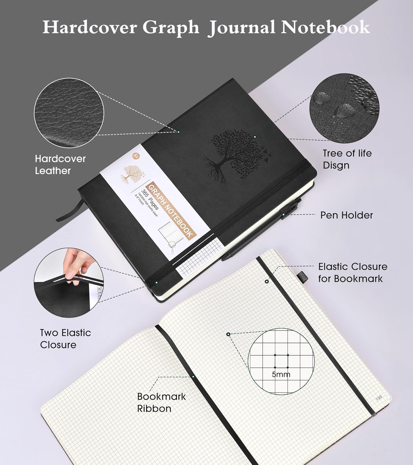 Graph Paper Notebook Journal, 360 Numbered Pages Grid Notebooks, Thick 100gsm Graphing Paper Journals for Writing Women Men, A5 Large Hardcover Leather Graph Notebook 5.75'' × 8.38'' Black