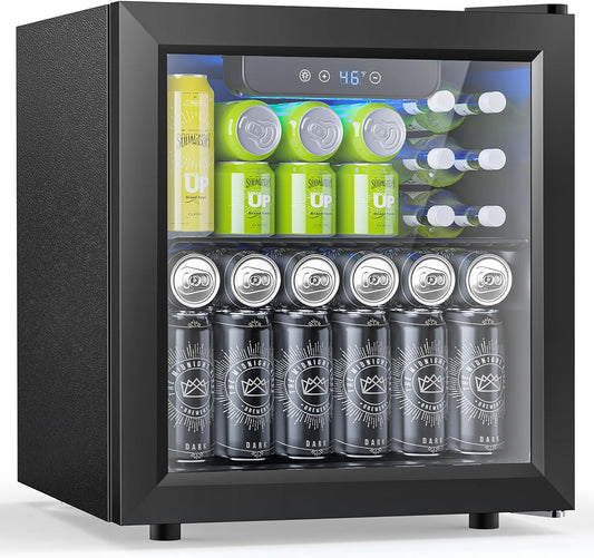 50 Cans Beverage Refrigerator Cooler, 1.3 Cu.ft Mini Fridge Countertop Drink Cooler with Glass Door for Beer, Soda,Wine, Adjustable Digital Temperature Control for Home Dorm Bar, Black