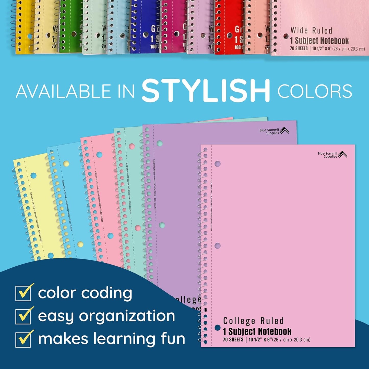 Blue Summit Pastel Spiral Notebook College Ruled, One Subject School Notebooks Spiral, Perforated Notebooks Bulk, 8 x 10.5 School Book, Paper, College Ruled, 12 Pack