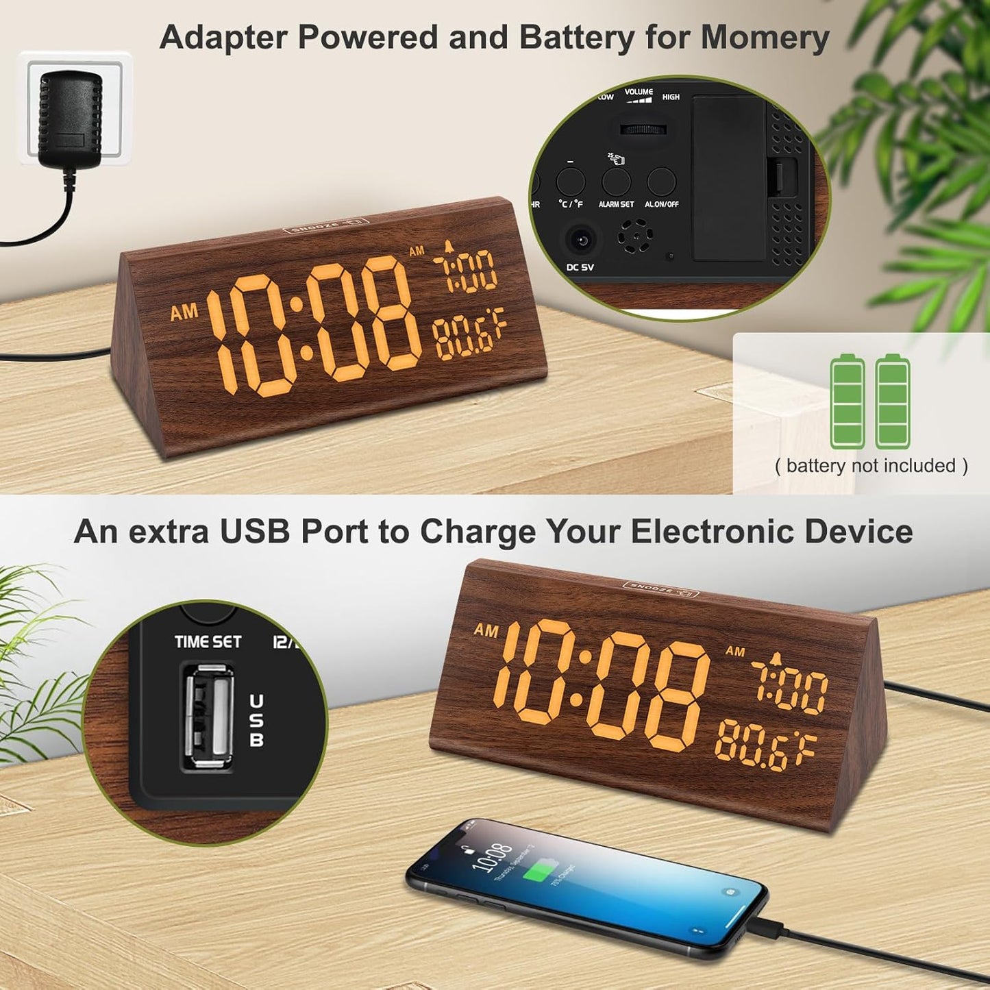 DreamSky Wooden Digital Alarm Clock for Bedroom - 7.7" Electric Clocks with USB Port, Large Numbers, Temperature, 0-100% Brightness Dimmer, Adjustable Alarm Volume, Snooze, 12/24H