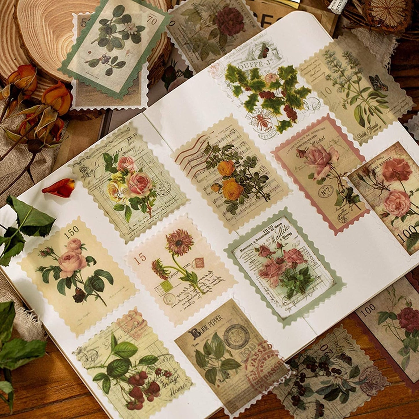 60pcs Vintage Postage Stamp Stickers, Aesthetic Botanical Deco Paper Sticker for Scrapbooking, Journaling Supplies, Planners, Kid DIY Art Crafts, Bullet Journal Ephemera