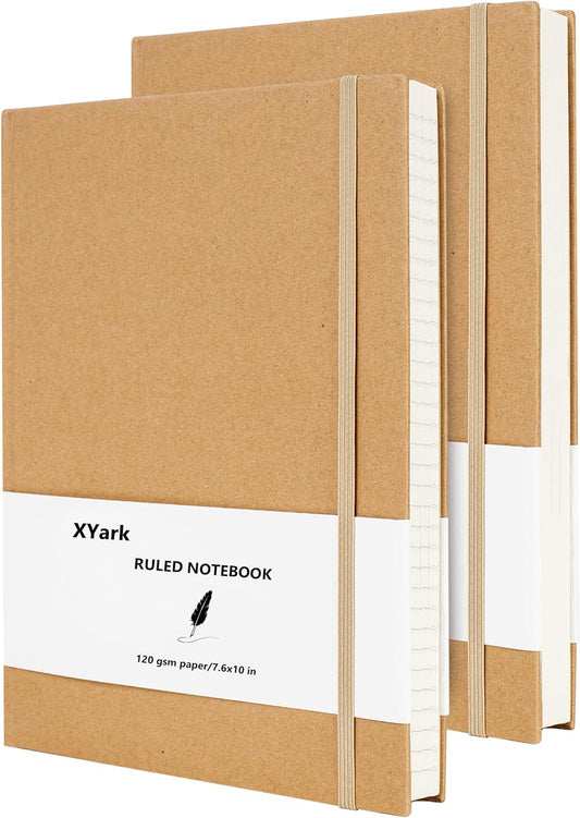 Large B5 Line Notebook Journals, College Ruled Kraft Hardcover Sketchbook Subject Composition Notebooks with Lined Paper, 2 Pack, 120GSM, 102 Sheets, 7.6x10 inch, Travel Journal Set