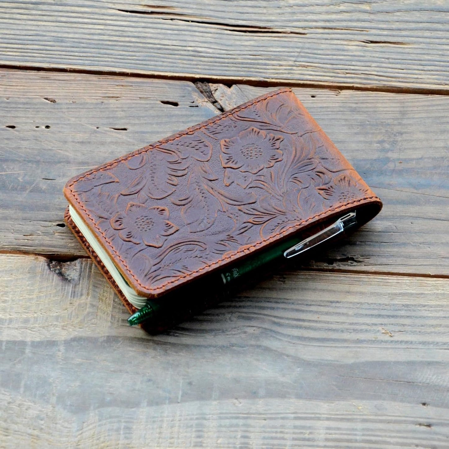 JJNUSA Leather Cover for Rite in the Rain Spiral Notebooks 3" x 5" Distressed Genuine Leather Memo Notebook Cover for Pocket Notebook 3 x 5 Flower Brown