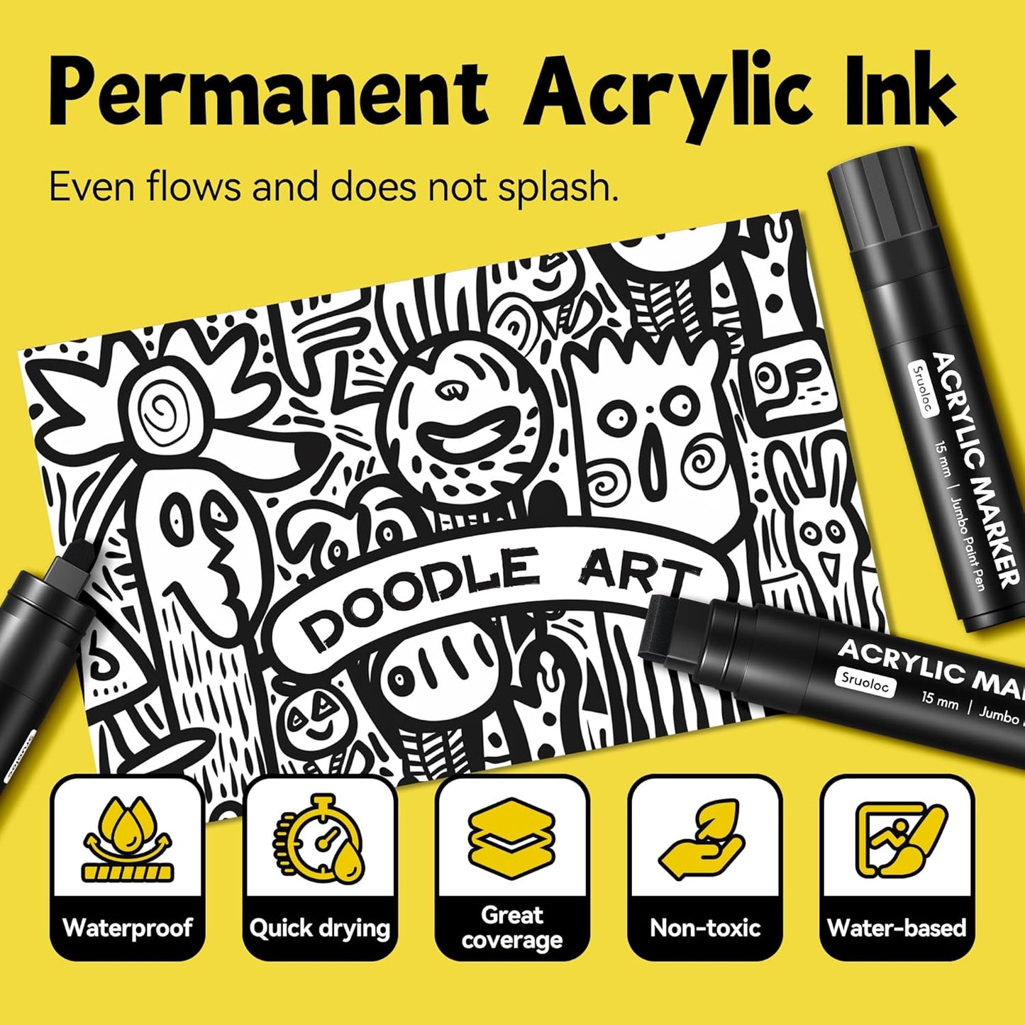 3 Jumbo Permanent Markers Black, 15mm Thick Wide Tip, Large Acrylic Paint Markers for Rock Painting, Poster, Stone, Ceramic, Glass, Wood, Canvas