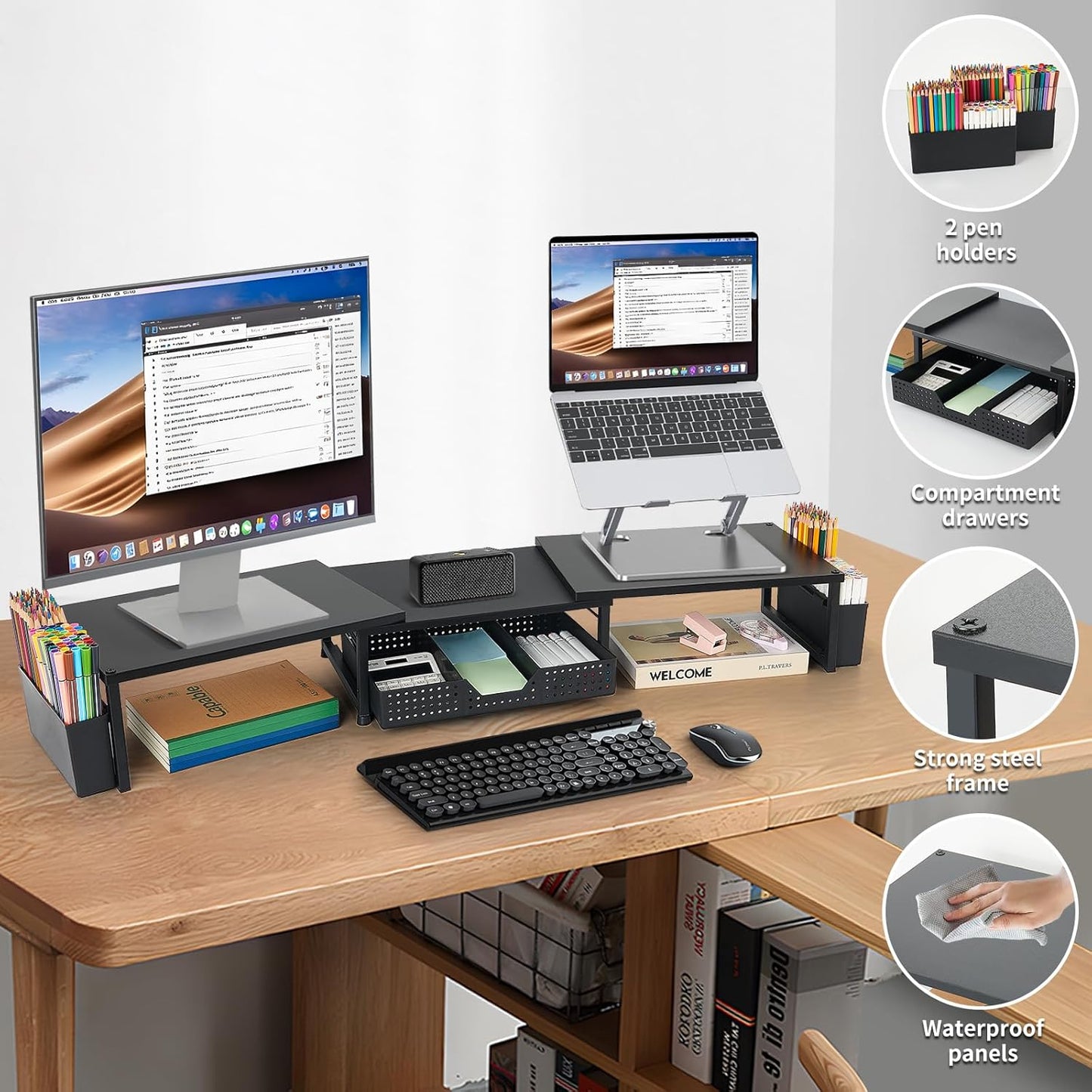 Desk Dual Monitor Stand Riser - Desk Organizer with Drawer and Pen Holders, Office Desk Accessories & Workspace Organization, Computer Monitor Stand for Laptop, Printer, TV(BLACK)