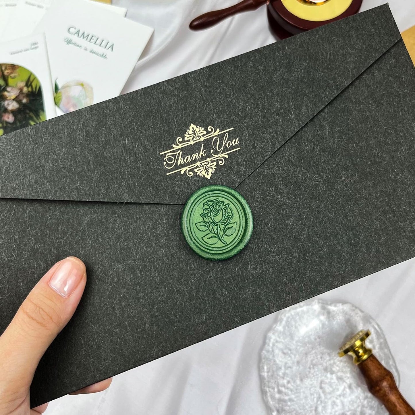 50Pcs Wax Seal Stickers Handmade Envelope Seals Self Adhesive Wax Stickers for Wedding Party Invitations, Envelope, Gift Wrap, Christmas(Rose Style, Green)