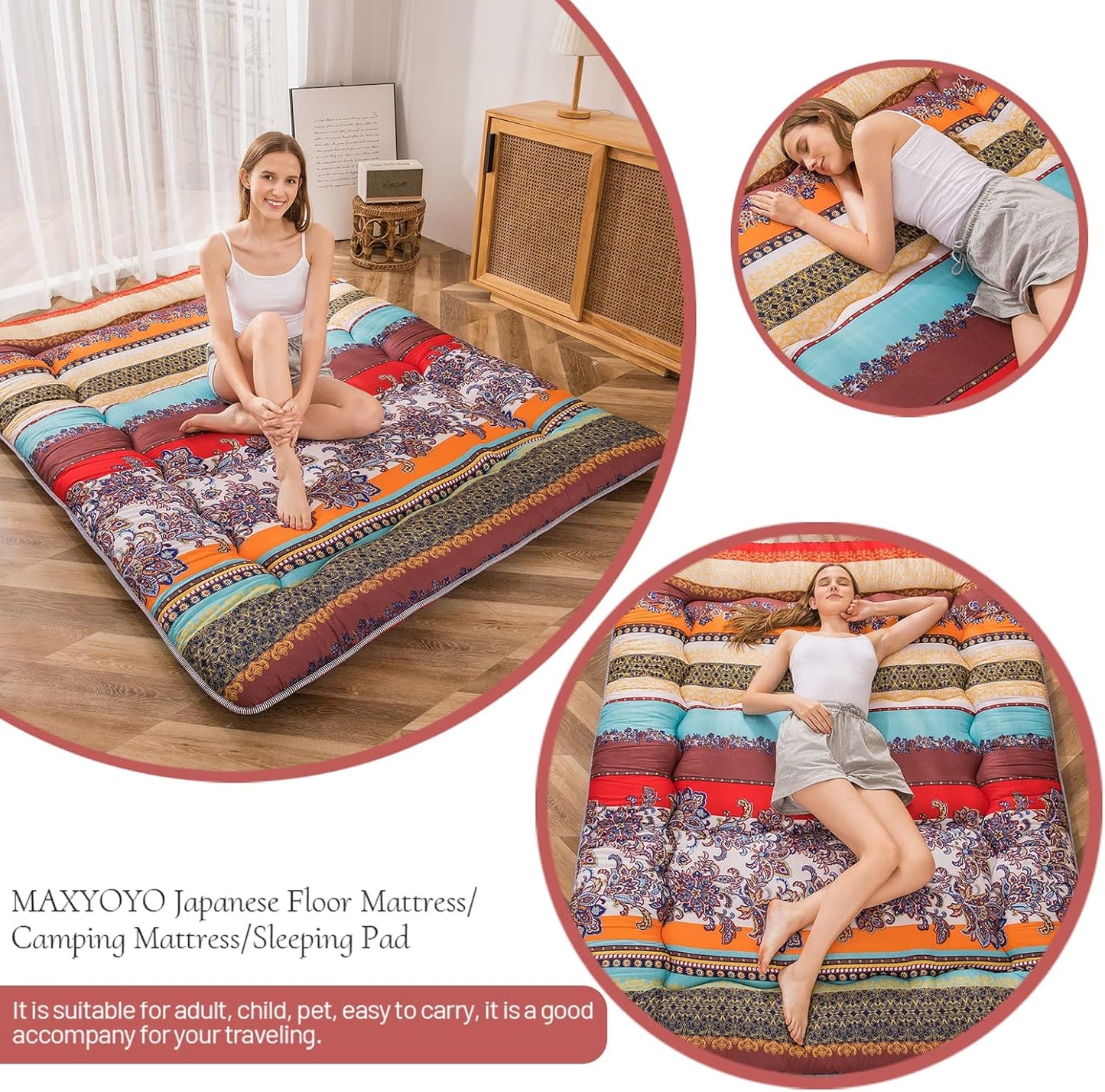 Bohemian Retro Floor Mattress Vintage Floral Japanese Futon Mattress Roll Up Thicken Sleeping Bed Portable Camping Mattress Floor Lounger Couch Bed Mattress Pad, King Size