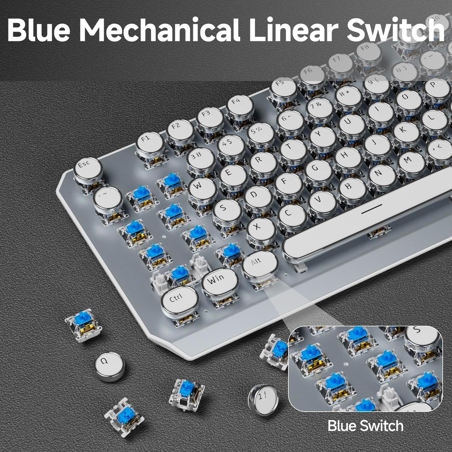 EWEADN Wireless Mechanical Typewriter Keyboard,80% Layout with White Backlit, Anti-Ghosting, Blue Switch Bluetooth/2.4GHz/USB-C Aesthetic Keyboard-White