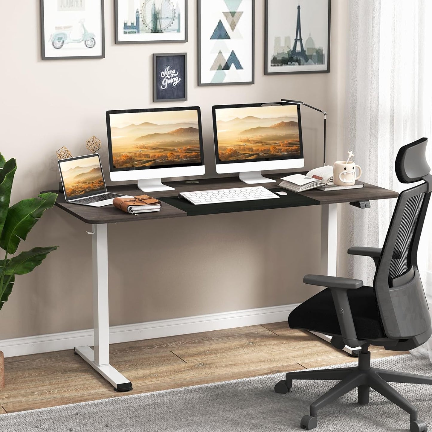 GOFLAME Height Adjustable Electric Standing Desk, 55 x 28 Inch Sit Stand Up Electric Desk with Headphone Hook, Ergonomic Standing Workstation, Electric Standing Desk with Metal Frame, Dark Grey