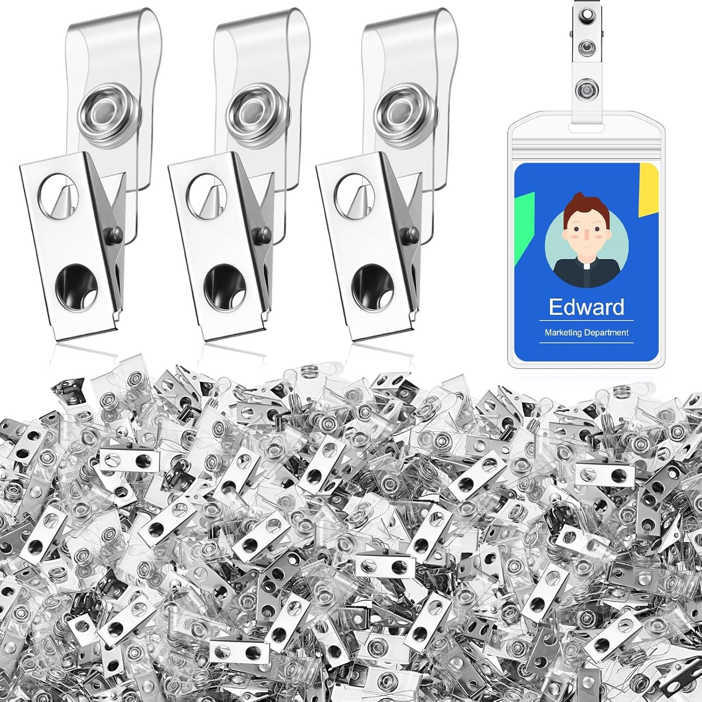 Seajan 100 Pcs Metal Badge Clips Bulk Double Hole Name Tag Clips with Clear PVC Straps Alligator ID Strap Clips for ID Cards Holders Office School Supplies