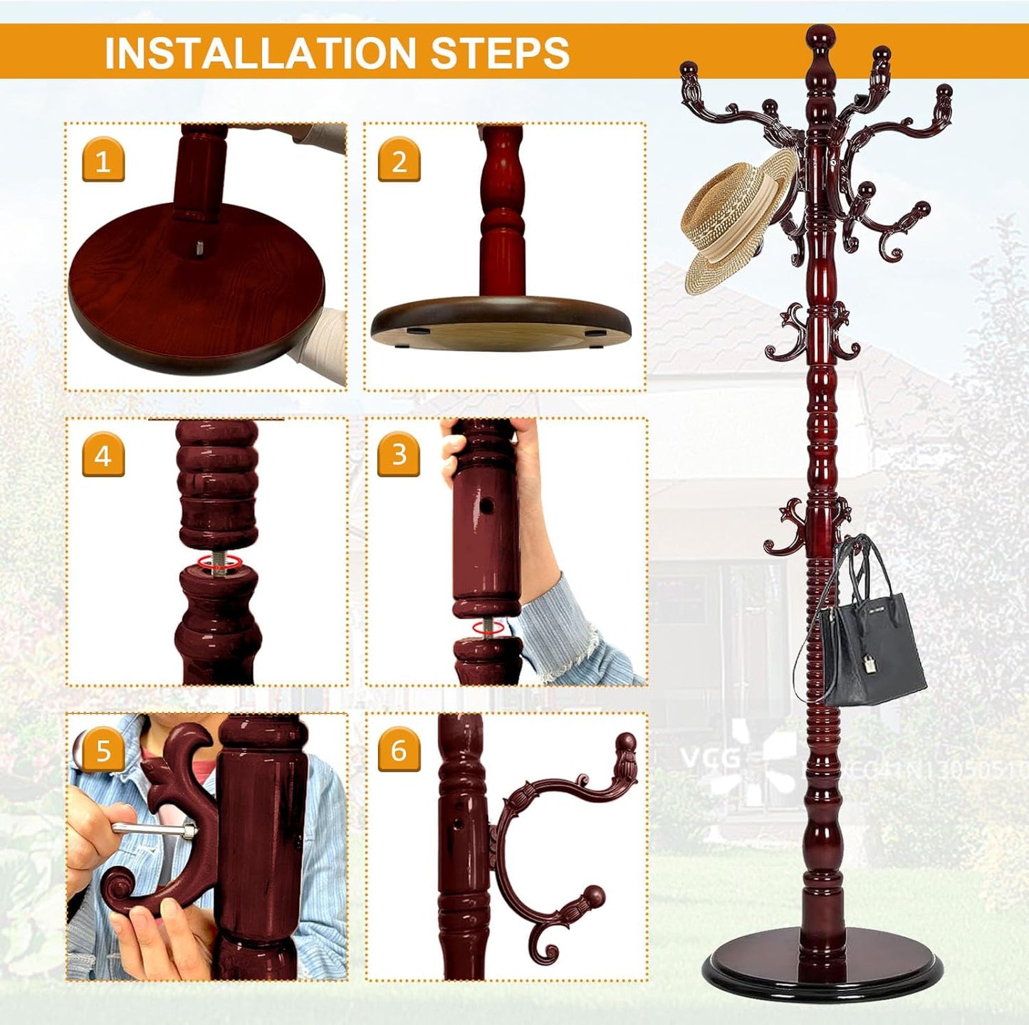 Wooden Coat Rack Free standing 18 Hooks, Vintage Coat Rack Stand for Entryway, Adjustable Height 73", Heavy Duty Coat Tree with Solid Round Base for Home Bedroom, Office (Walnut)