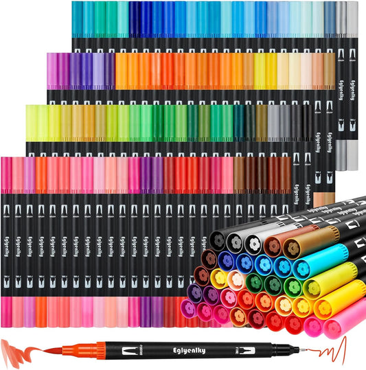 Colored Markers for Adult Coloring Books, Dual Tip Brush Pens with 100 Watercolor Fine Tip Markers and Brush pens for Kids Drawing Calligraphy