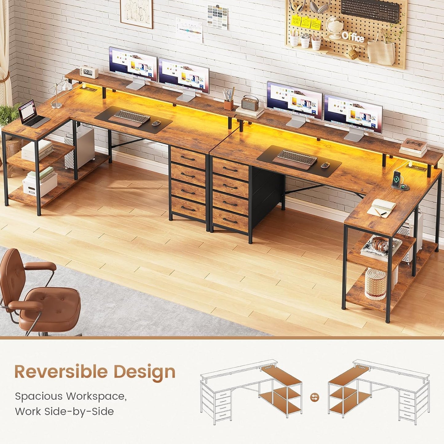 SEDETA L Shaped Desk with 4 Drawers and Storage Shelves, L Shaped Gaming Desk with LED Lights & Power Outlets, Computer Desk with Shelves & Drawer, Corner Desk Home Office Desk, Rustic Brown