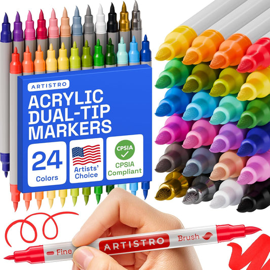 ARTISTRO Acrylic Paint Markers for Fabric, Rock, Wood, Glass, Craft - 24 Quick Dry Dual-Tip Fabric Paint Pens for Halloween Decorations - Pumpkin Painting Kit, Art Supplies, Christmas Gift
