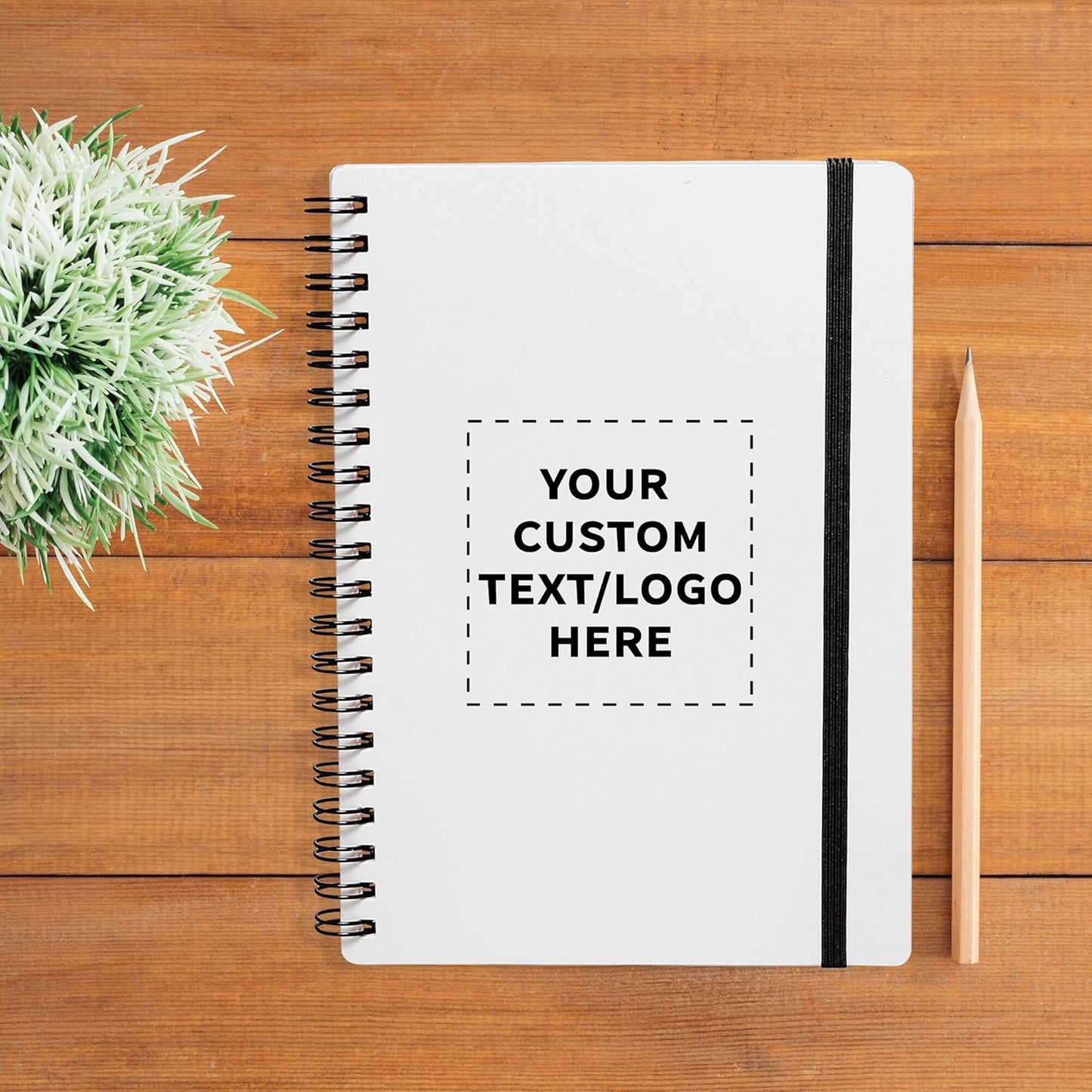 50 White Spiral Notebooks with Elastic Band Pack - Customizable Text, Logo - 80 lined pages, Recycled - Black