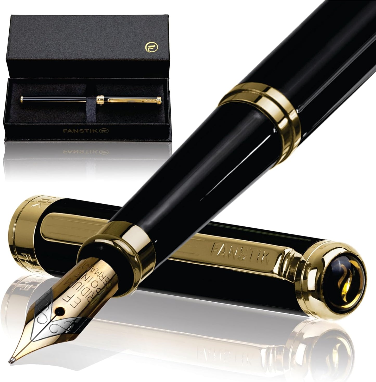 Customized Black & Gold Luxury fountain pen (Made In USA) fancy gift set for women, Real 24K Gold Plating, Professional executive pen gift set for men (Lux Custom-fountain Black-Gold)