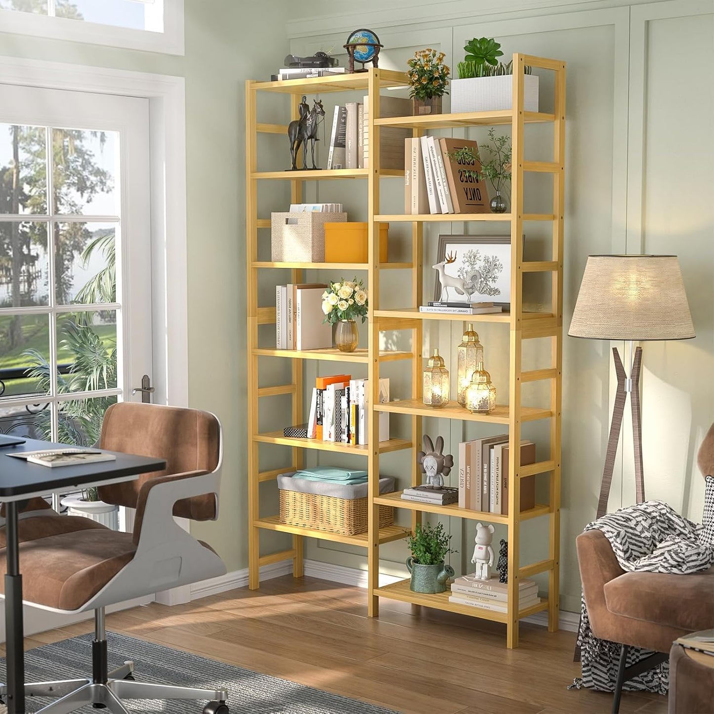 Homykic Double Wide Bamboo Bookshelf, 6-Tier Large Open Bookcase with 12 Display Shelves, 6ft Tall Freestanding Book Shelf for Home Office, Bedroom, Living Room, Plants, Natural