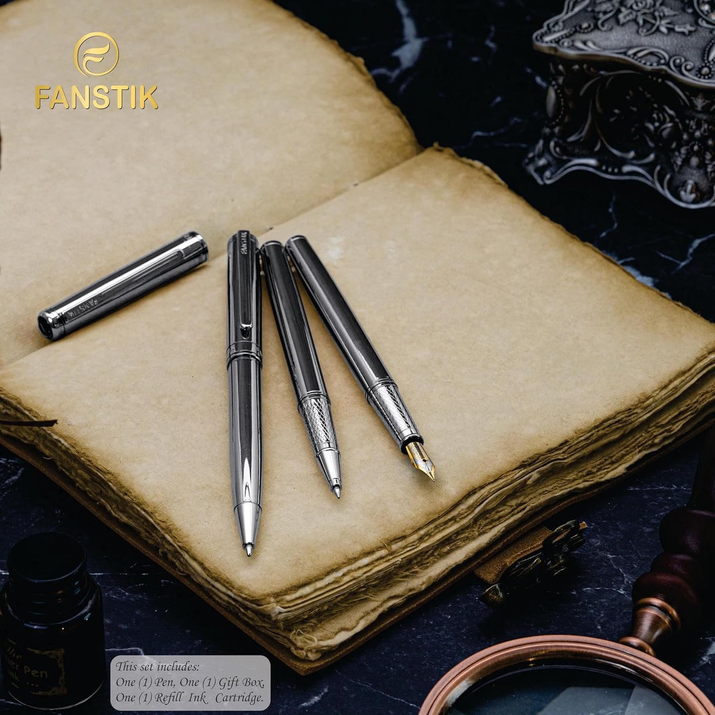Customized Silver Luxury ballpoint pen (Made In USA) fancy gift set for women, Real 24K Gold Plating, Professional executive pen gift set for men (Lux Custom-BallPoint Silver)