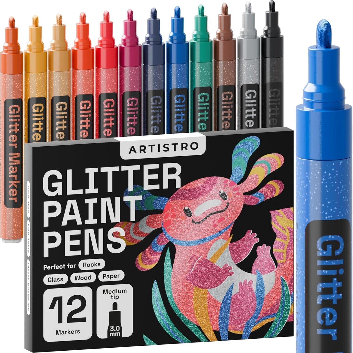 ARTISTRO 12 Glitter Paint Pens Sparkly and Shiny for Glass, Rock Painting, Ceramic, Wood, Fabric, Scrapbooking, DIY Craft Making, Coloring - Acrylic Paint Markers Medium Tip 3.0mm