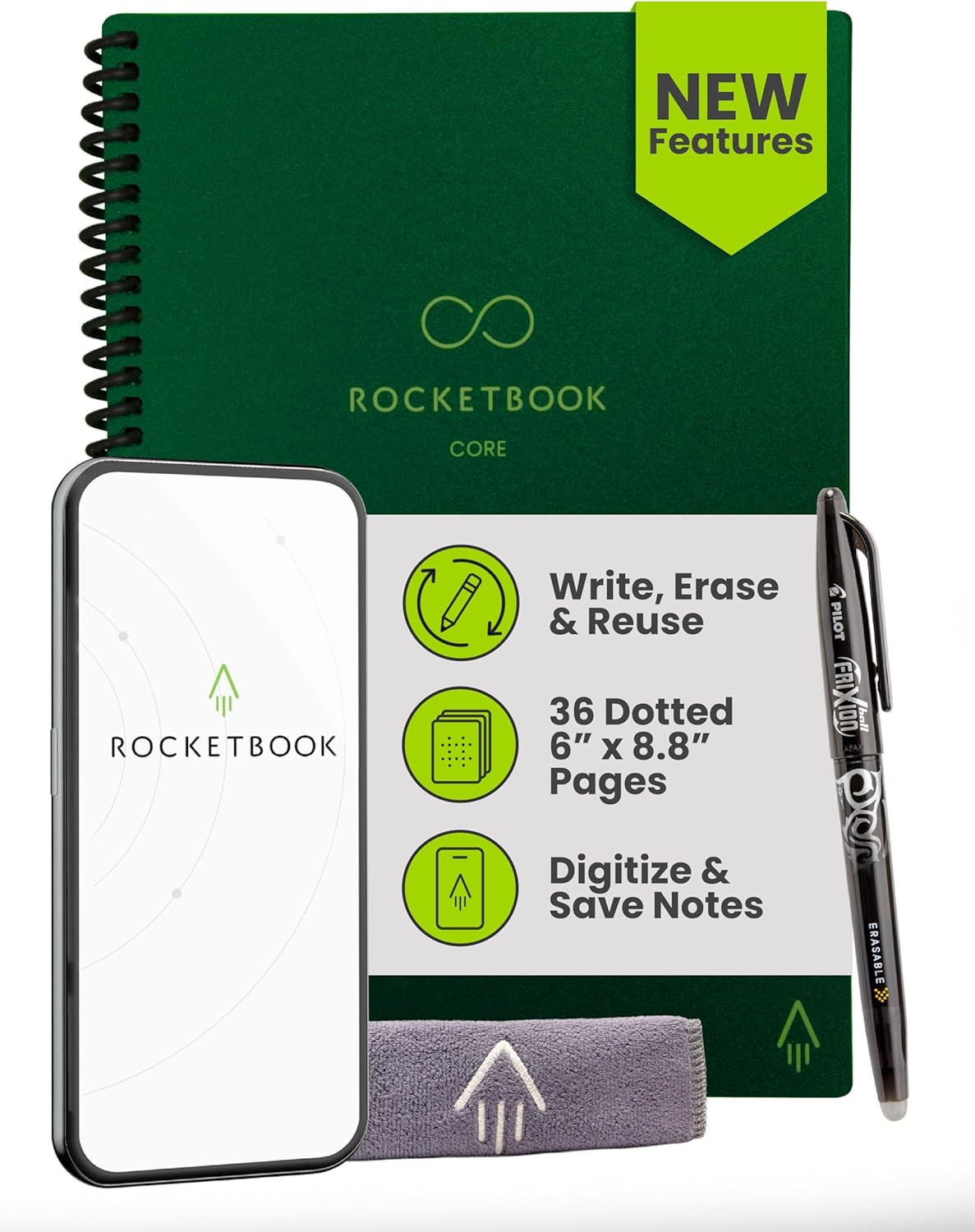 Rocketbook New Core Reusable Spiral Notebook, Executive Size 6x8.8, Green - Dotted Pages, App-Connected, Erasable, Durable Cover, Ideal for School, Work, and Creative Projects