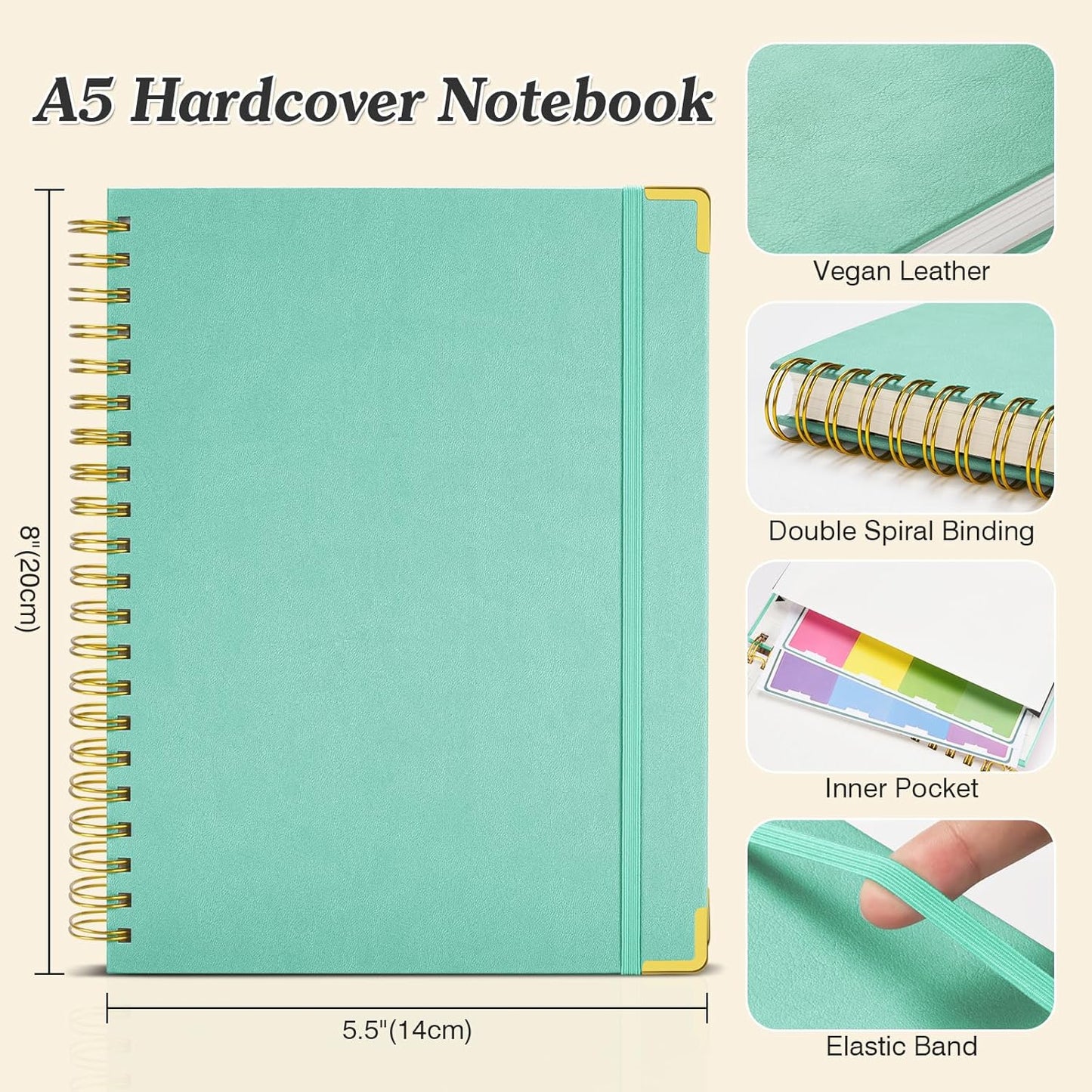 Spiral Notebook, 300 Numbered Pages Notebooks College Ruled with Contens, 100GSM Thick Journal for Women Men, Hardcover Leather Lined Journal for Writing, Large A5 Journaling Notebooks for Work School