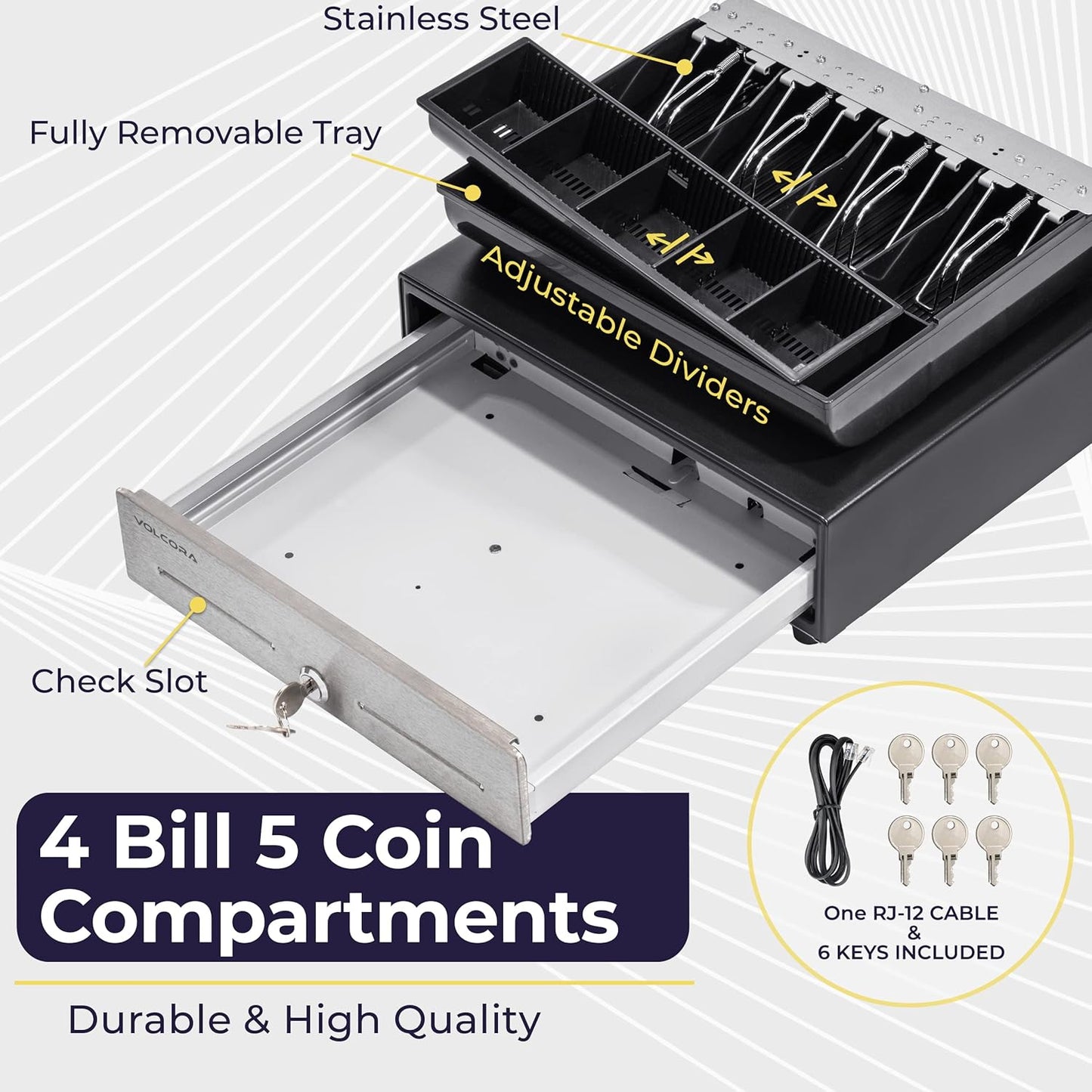 Volcora 13" Cash Register Drawer for Point of Sale (POS) System - Black with Stainless Steel Front - Fully Removable 2 Tier Cash Tray, 4 Bill/5 Coin, 24V, RJ11/RJ12 Key-Lock, Double Media Slot