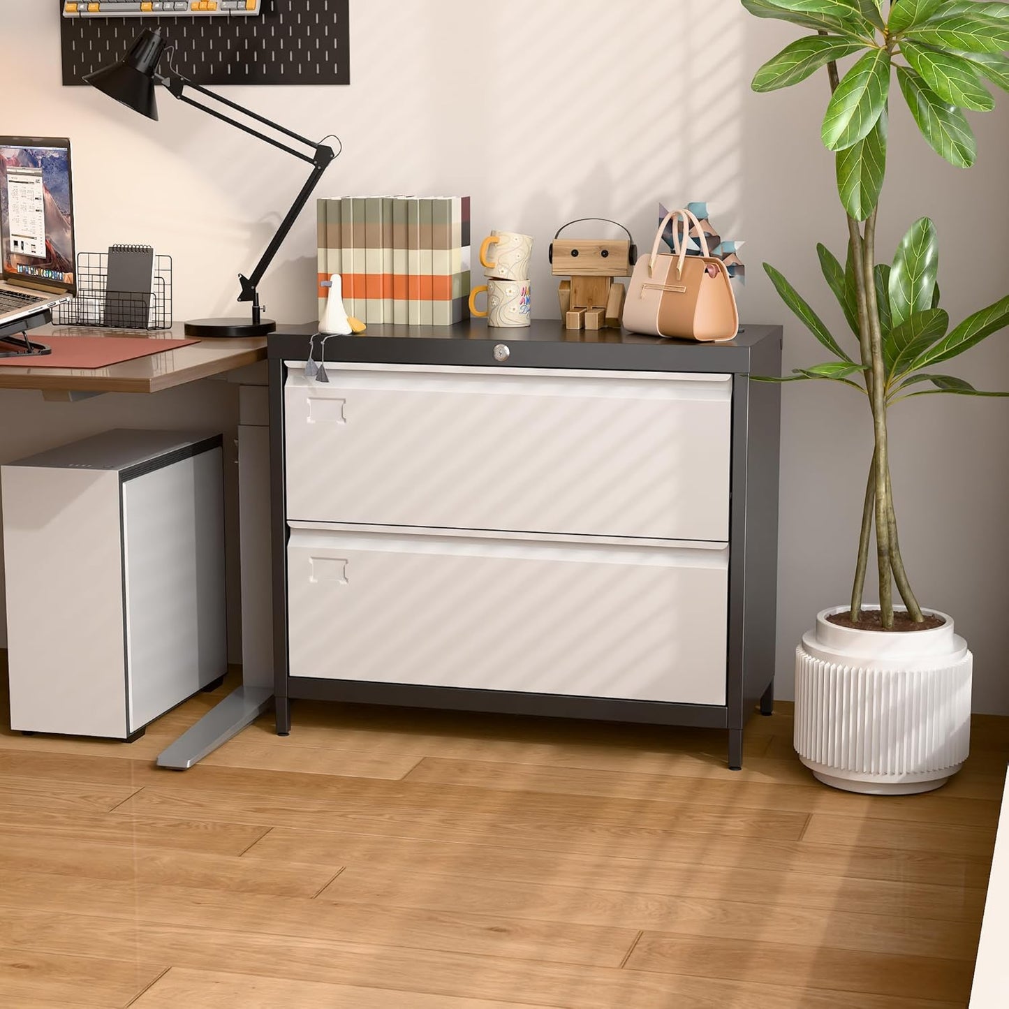 Metal 2 Drawer Lateral File Cabinet with Lock & Adjustable Feet - Wide Filing Cabinet for Letter/Legal/F4/A4 Hanging Files - Includes Business Card Holder,Home Office School Storage,Black/Grey