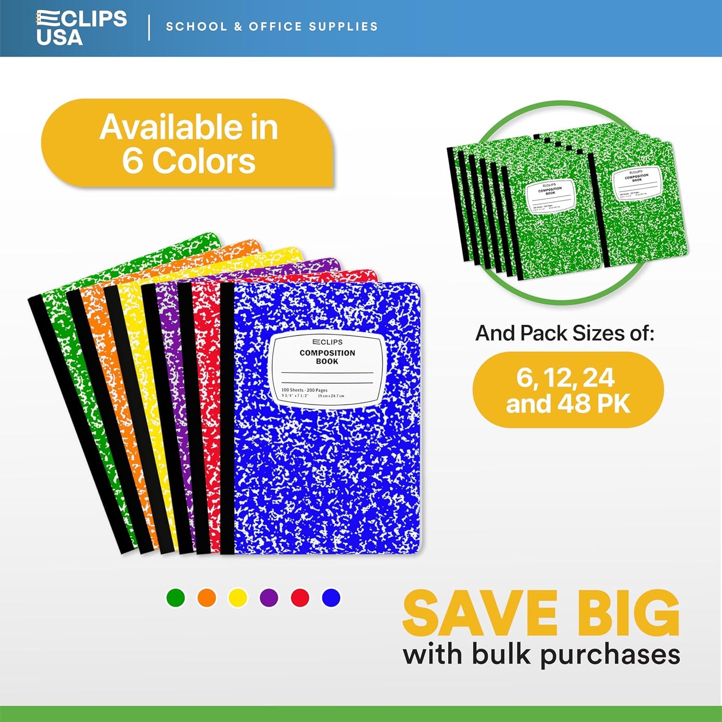 E-CLIPS USA Composition Notebooks, (48 Pack), Wide Ruled Composition Notebook, Marble Composition Notebook, 100 sheets, 200 Pages (48, Green)