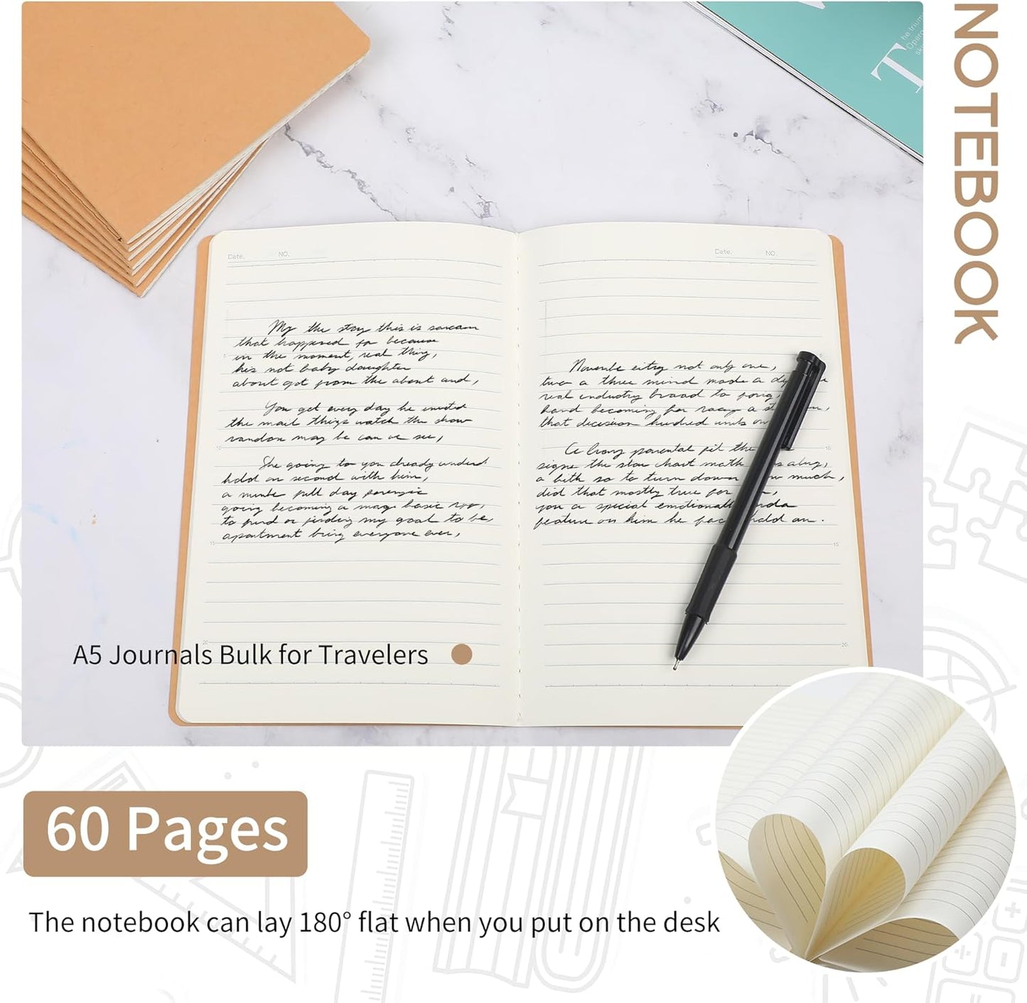 miikoul 100 Pack A5 Kraft Paper Notebook Lined Journal Bulk, 8.3 X 5.5 Inch, 60 Pages/30 Sheets, 80gsm, Travel Notebook Notepad for Adult, Students, Gift, Office, Back to School Supplies