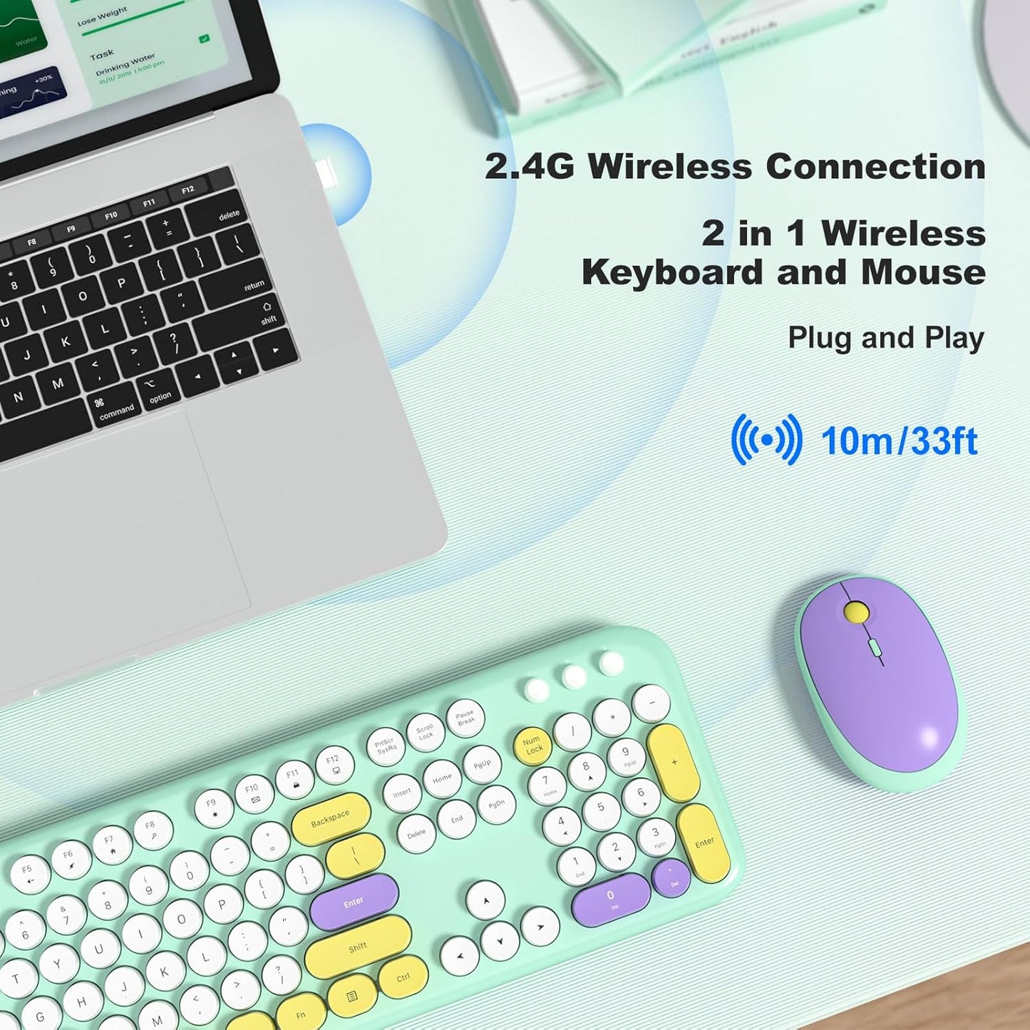 Wireless Keyboard and Mouse Combo, MOWUX Full Size Typewriter Retro Round Computer Keyboard, Cute Optical Mouse Wireless, Plug and Play, for Laptop, PC, Computer- Daydream Mint