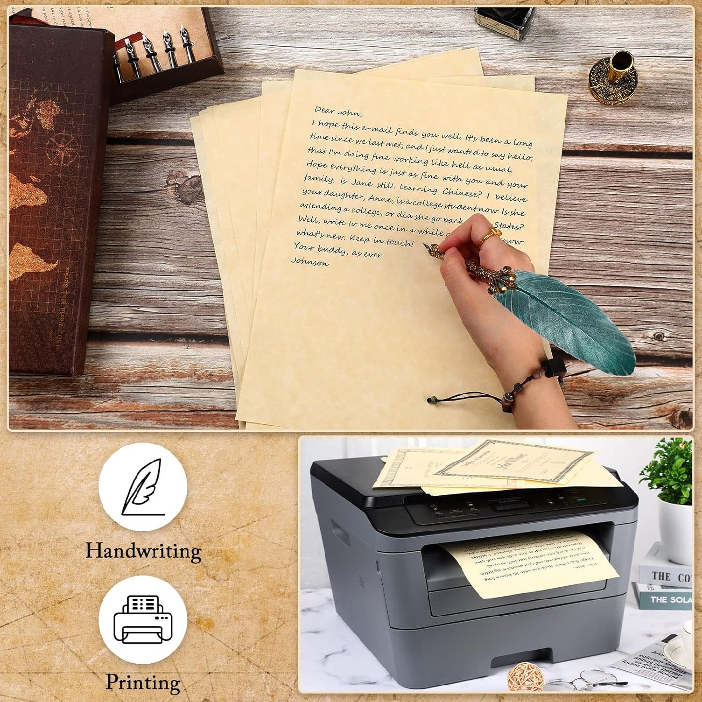 Epakh 100 Pcs Old Age Parchment Paper 8.5 x 11 Inch Standard Letter Vintage Colored Old Parchment Semblance Double Side Printing Paper (Light Beige)