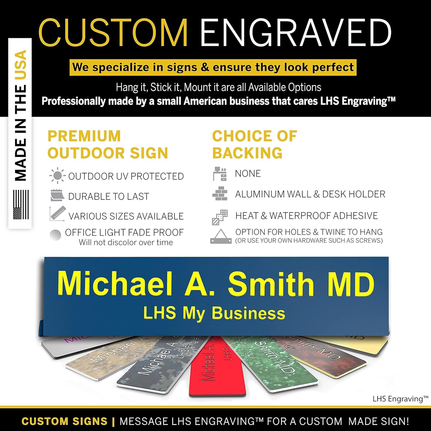 Engraved Door Signs for Office Personalized Blue Plastic Door Plaque with Yellow Letters - Made in USA 2x8 B20